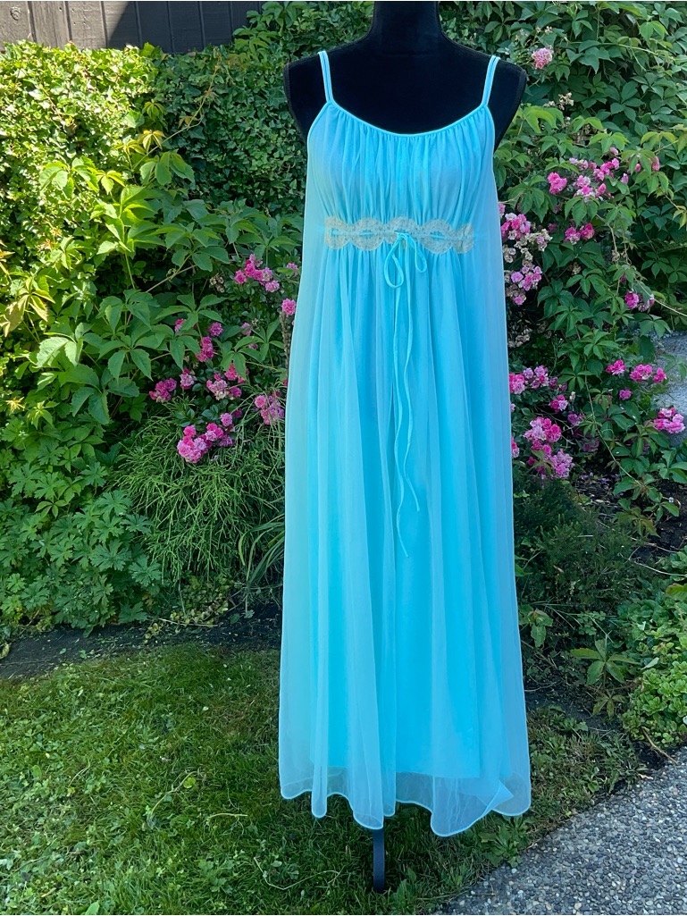Vintage Sheer Turquoise Ankle Length Nightgown With Lace Trim